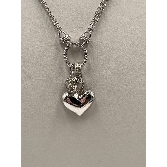 DBJ Sterling Silver Chain Pave and Smooth Heart Charms Double Strand Necklace - Picture 2 of 8